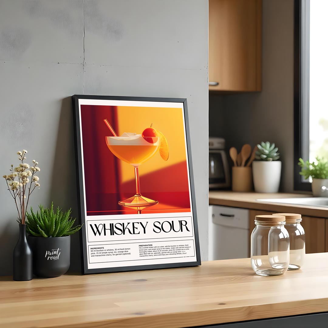 This inviting and classic poster showcases a Whiskey Sour, presented in a wide-mouthed coupe glass,… for kitchen