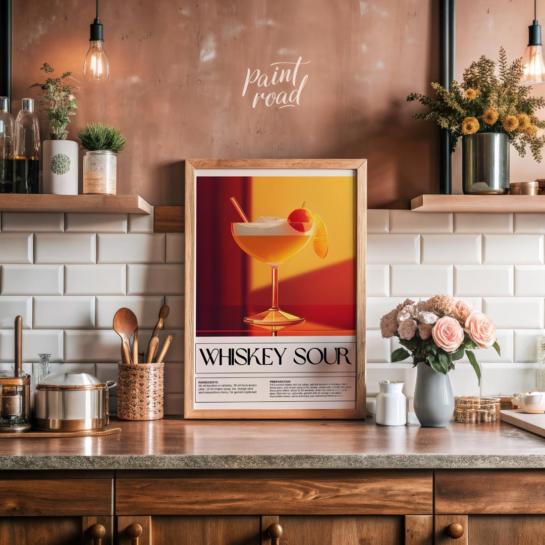 This inviting and classic poster showcases a Whiskey Sour, presented in a wide-mouthed coupe glass,… for kitchen