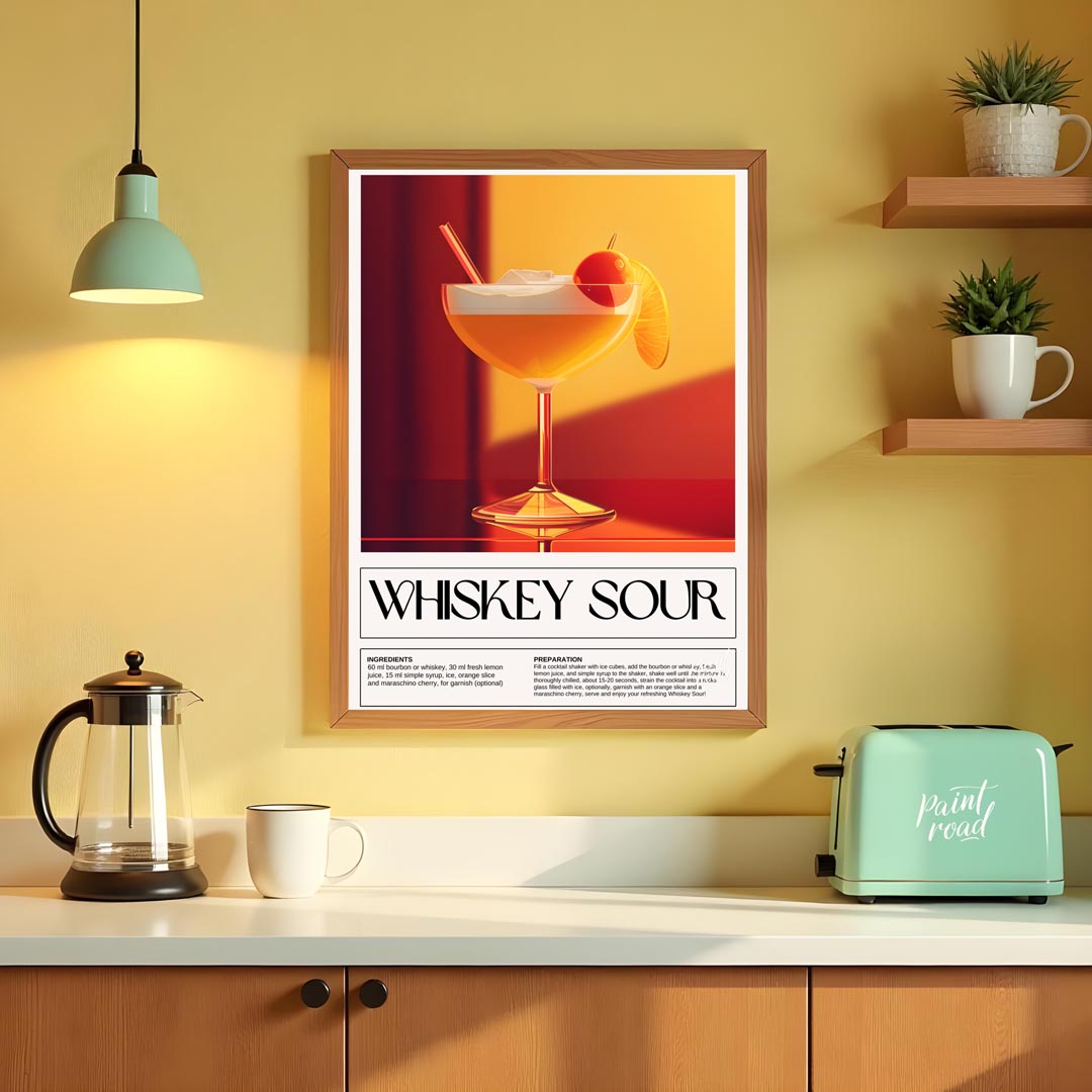 This inviting and classic poster showcases a Whiskey Sour, presented in a wide-mouthed coupe glass,… for kitchen