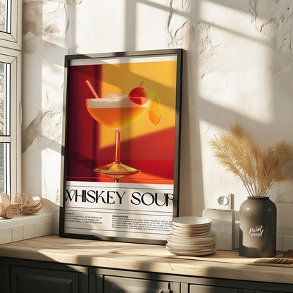 This inviting and classic poster showcases a Whiskey Sour, presented in a wide-mouthed coupe glass,… for kitchen