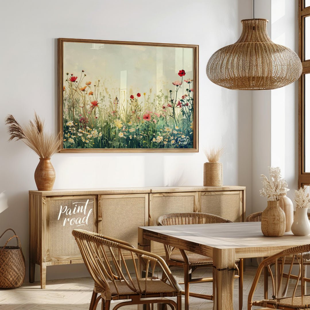 This delicate digital painting captures a serene meadow filled with wildflowers against a soft, mut… for dining room