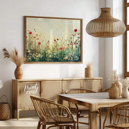 This delicate digital painting captures a serene meadow filled with wildflowers against a soft, mut… for dining room