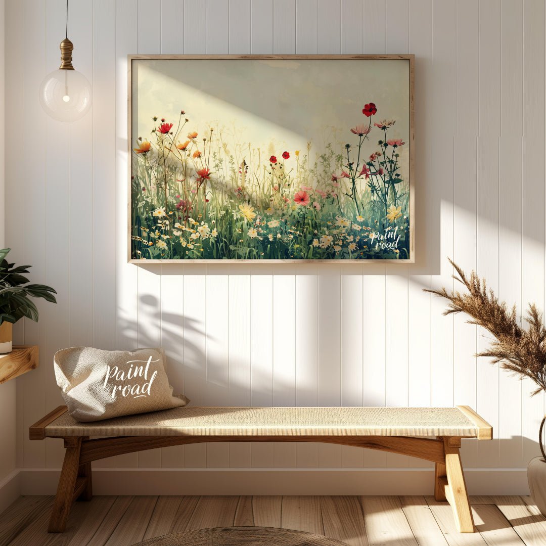 This delicate digital painting captures a serene meadow filled with wildflowers against a soft, mut… for entryway