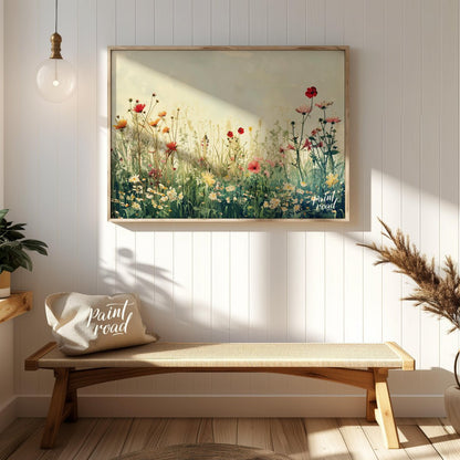 This delicate digital painting captures a serene meadow filled with wildflowers against a soft, mut… for entryway