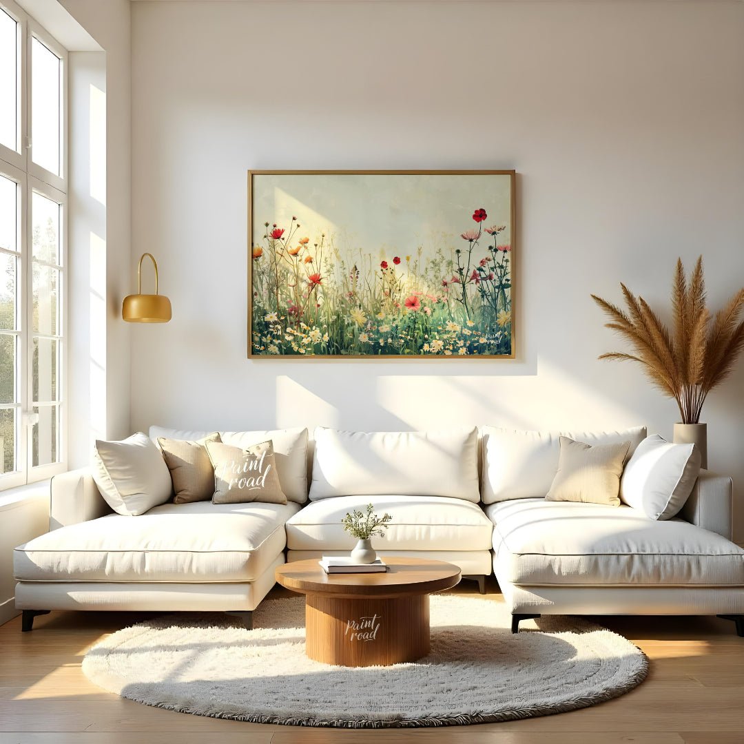 This delicate digital painting captures a serene meadow filled with wildflowers against a soft, mut… for living room