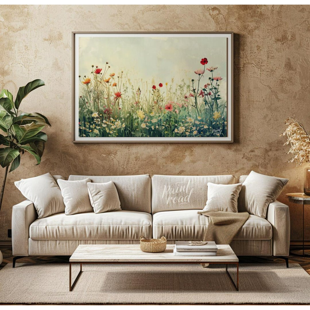 This delicate digital painting captures a serene meadow filled with wildflowers against a soft, mut… for living room