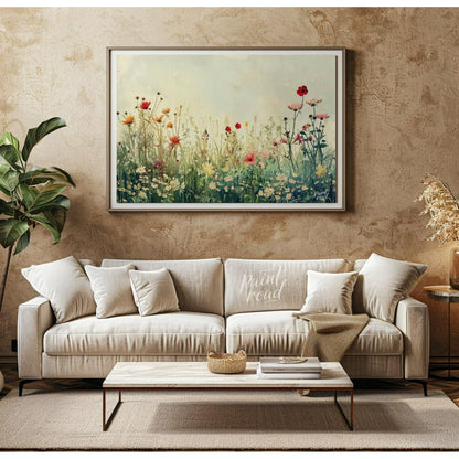 This delicate digital painting captures a serene meadow filled with wildflowers against a soft, mut… for living room