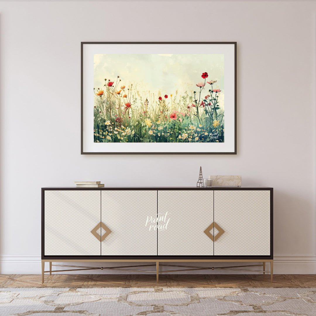 This delicate digital painting captures a serene meadow filled with wildflowers against a soft, mut… for living room