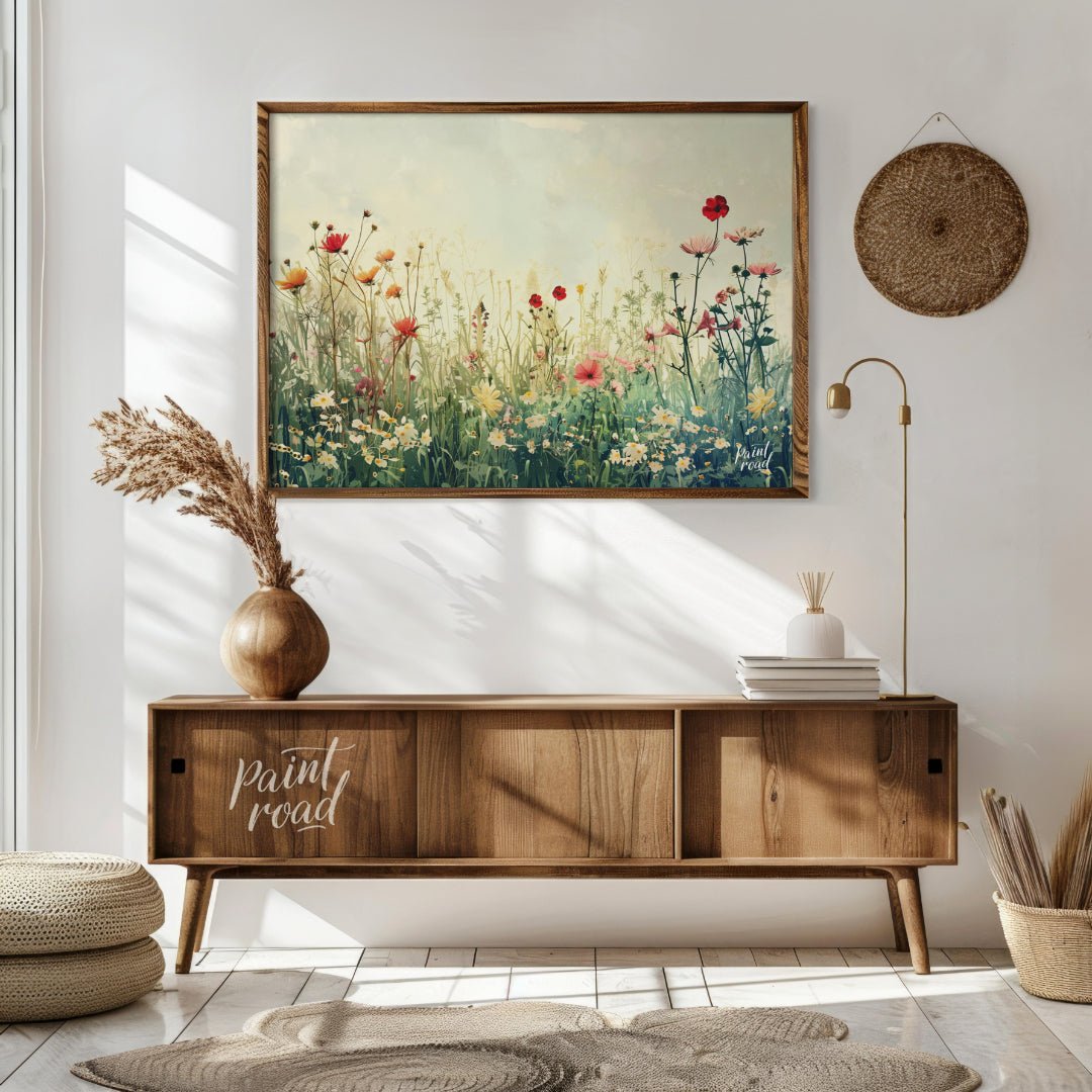 This delicate digital painting captures a serene meadow filled with wildflowers against a soft, mut… for living room