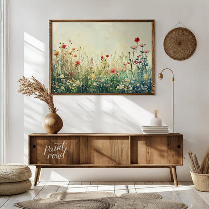 This delicate digital painting captures a serene meadow filled with wildflowers against a soft, mut… for living room