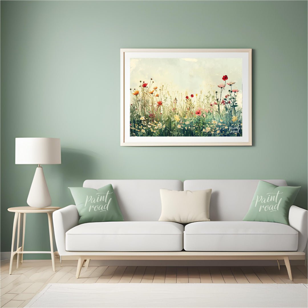 This delicate digital painting captures a serene meadow filled with wildflowers against a soft, mut… for living room