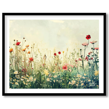 This delicate digital painting captures a serene meadow filled with wildflowers against a soft, mut… for lovely house