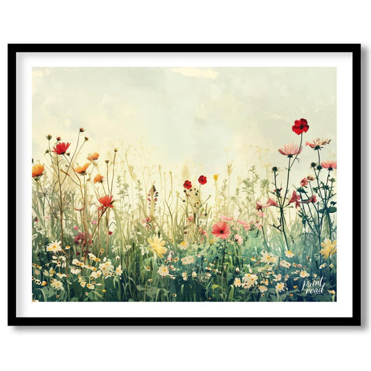 This delicate digital painting captures a serene meadow filled with wildflowers against a soft, mut… for lovely house