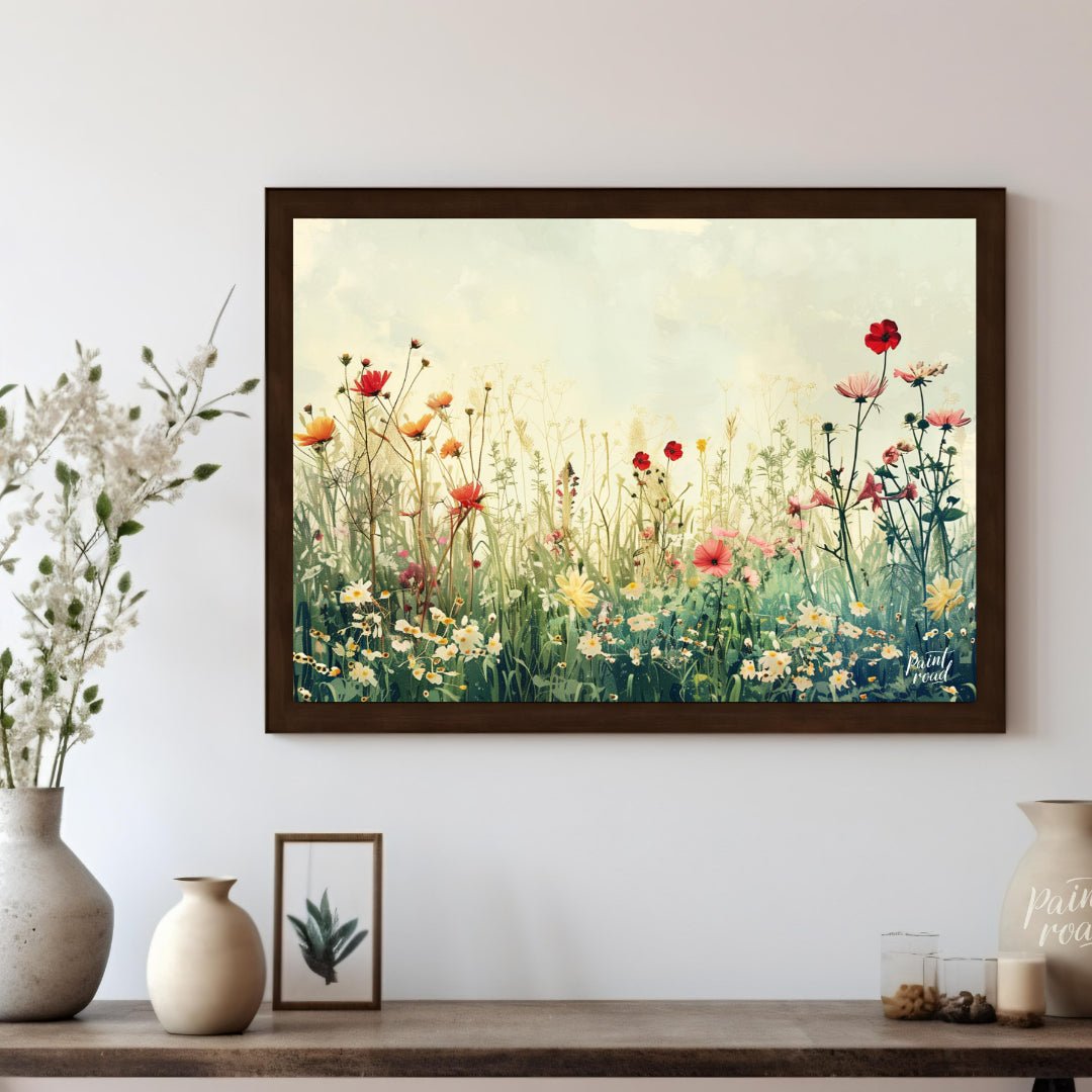 This delicate digital painting captures a serene meadow filled with wildflowers against a soft, mut… for other
