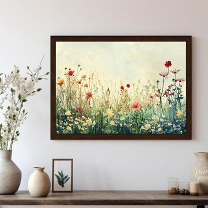 This delicate digital painting captures a serene meadow filled with wildflowers against a soft, mut… for other