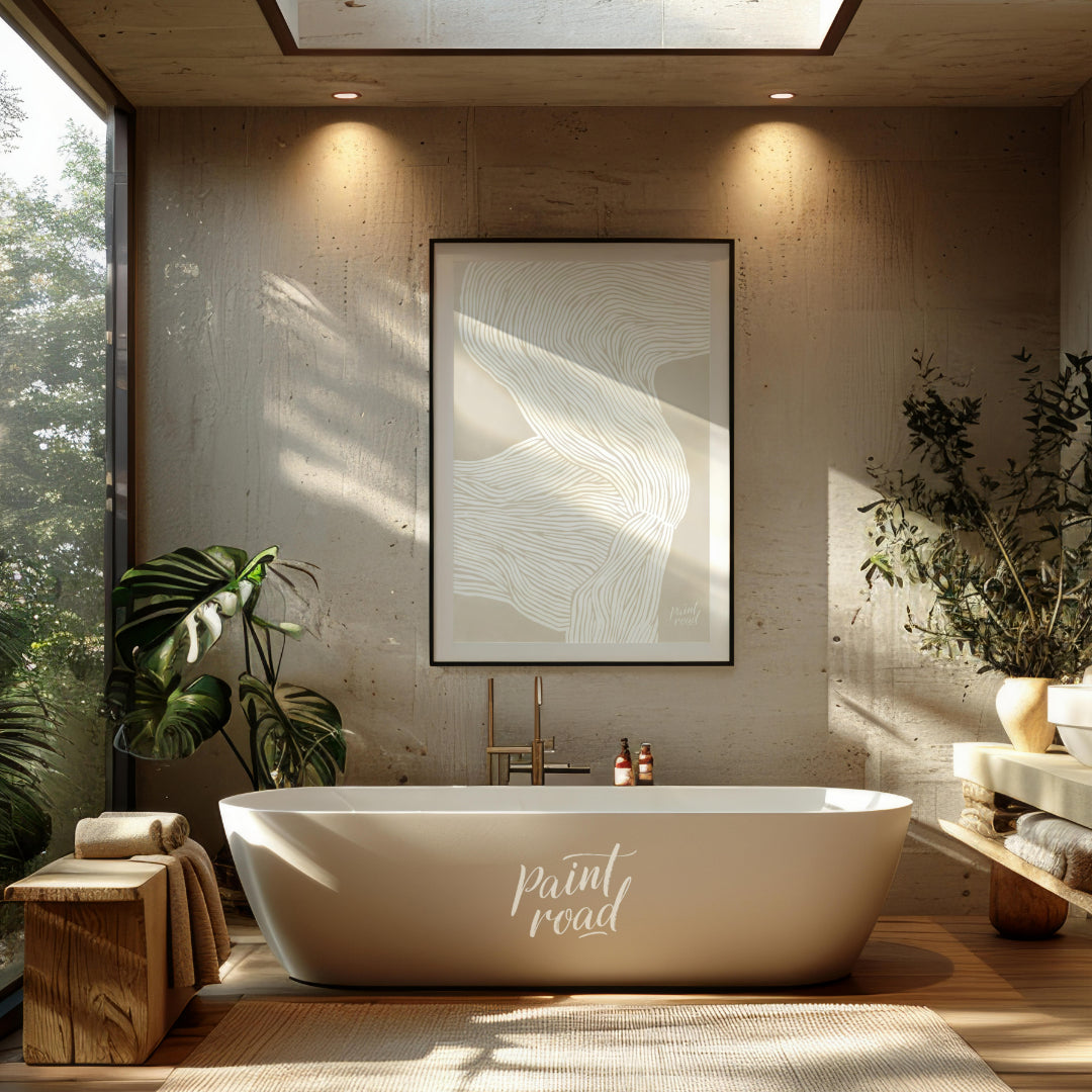 """Whisper Lines"" presents an abstract composition of delicate, flowing lines against a soft, neut… for bathroom