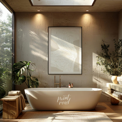 """Whisper Lines"" presents an abstract composition of delicate, flowing lines against a soft, neut… for bathroom
