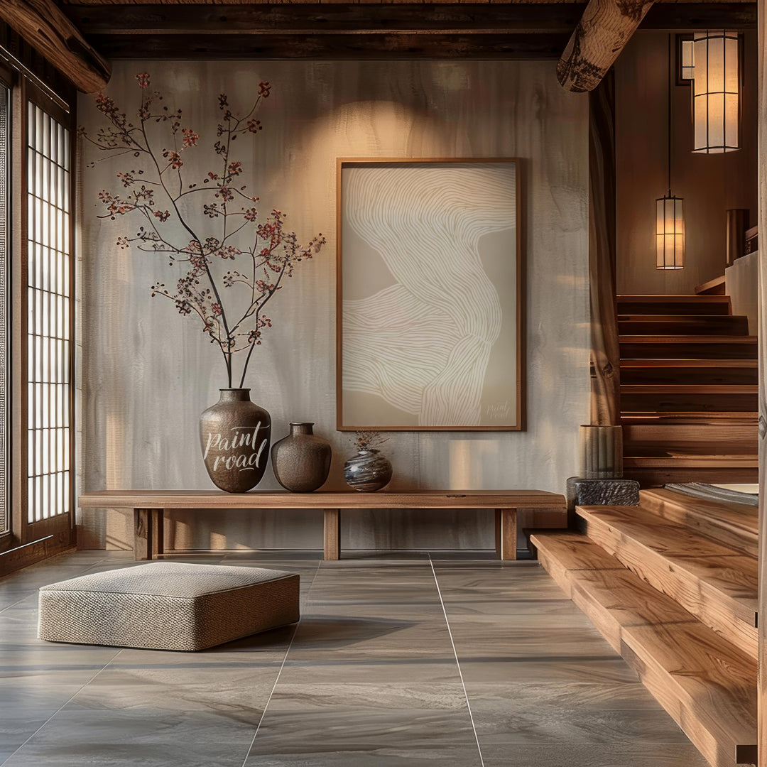 """Whisper Lines"" presents an abstract composition of delicate, flowing lines against a soft, neut… for entryway