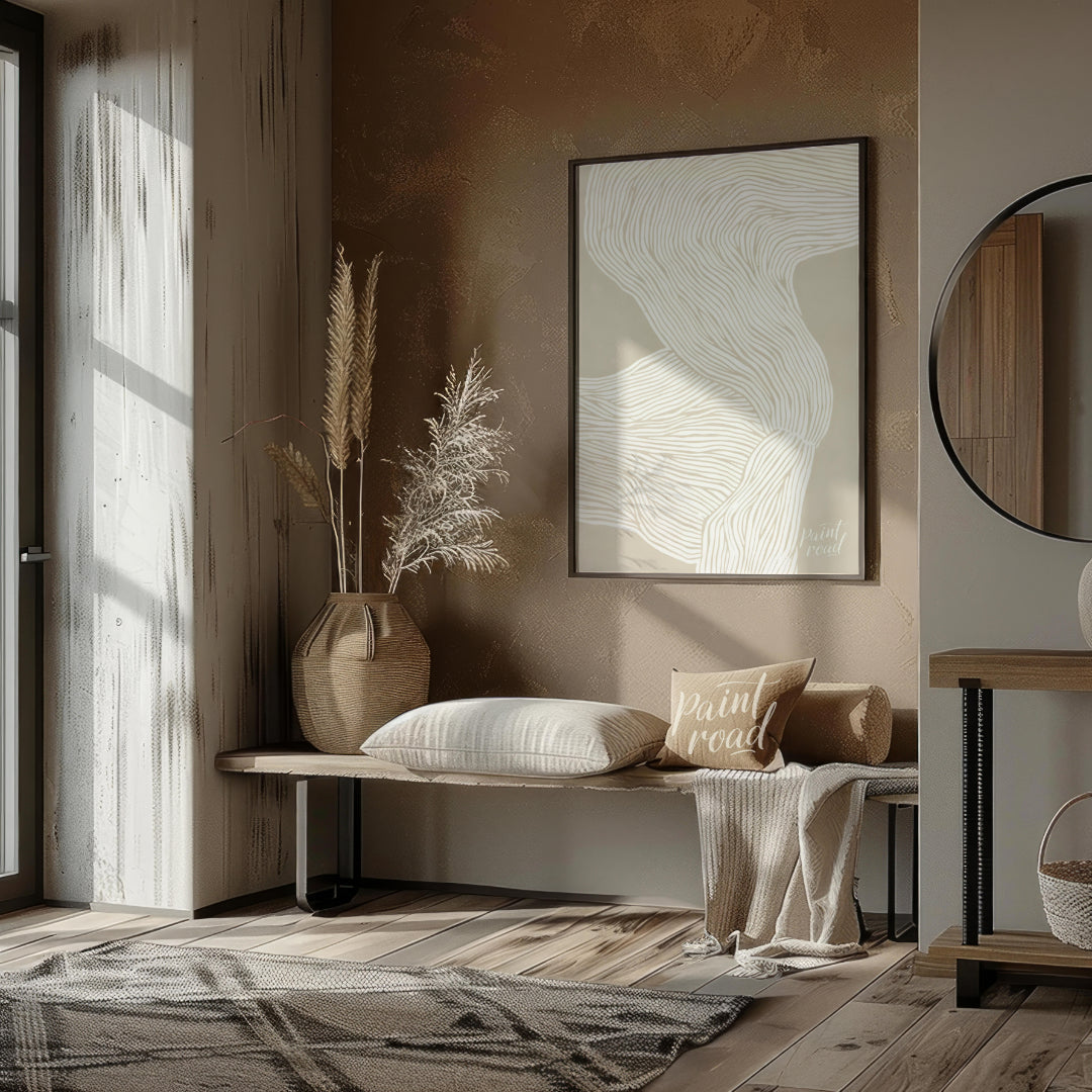 """Whisper Lines"" presents an abstract composition of delicate, flowing lines against a soft, neut… for entryway