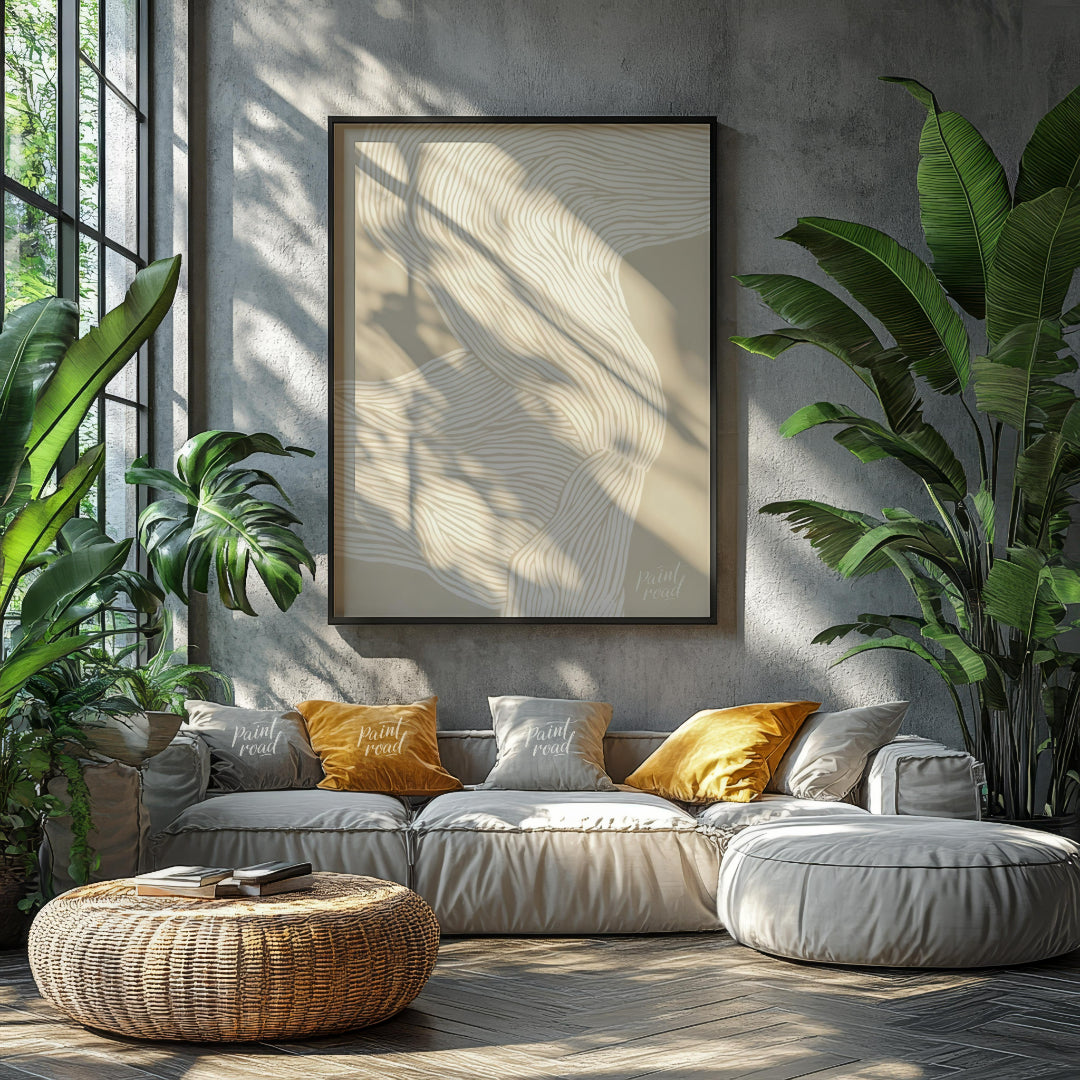 """Whisper Lines"" presents an abstract composition of delicate, flowing lines against a soft, neut… for living room