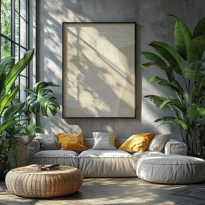 """Whisper Lines"" presents an abstract composition of delicate, flowing lines against a soft, neut… for living room