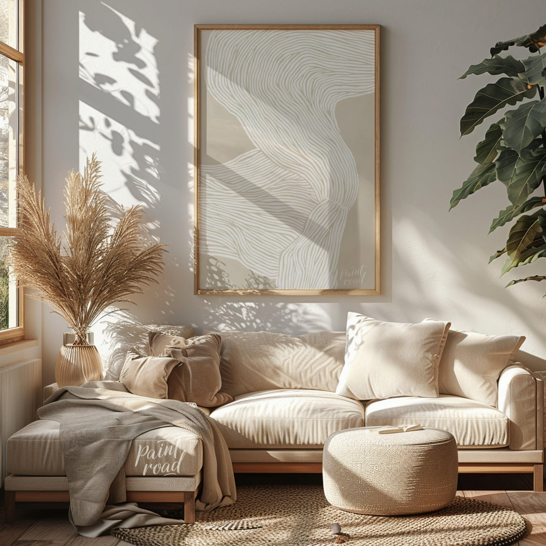 """Whisper Lines"" presents an abstract composition of delicate, flowing lines against a soft, neut… for living room