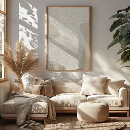 """Whisper Lines"" presents an abstract composition of delicate, flowing lines against a soft, neut… for living room