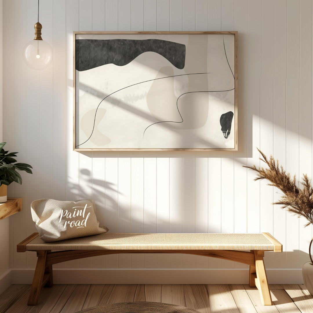 """Whispered Forms"" presents an abstract composition with a delicate interplay of soft shapes and … for entryway
