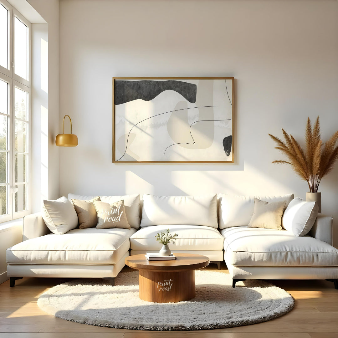 """Whispered Forms"" presents an abstract composition with a delicate interplay of soft shapes and … for living room