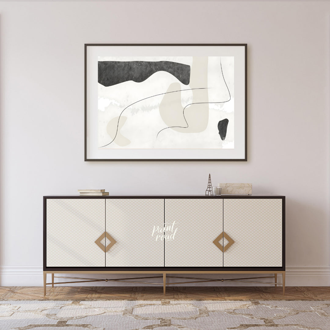 """Whispered Forms"" presents an abstract composition with a delicate interplay of soft shapes and … for living room