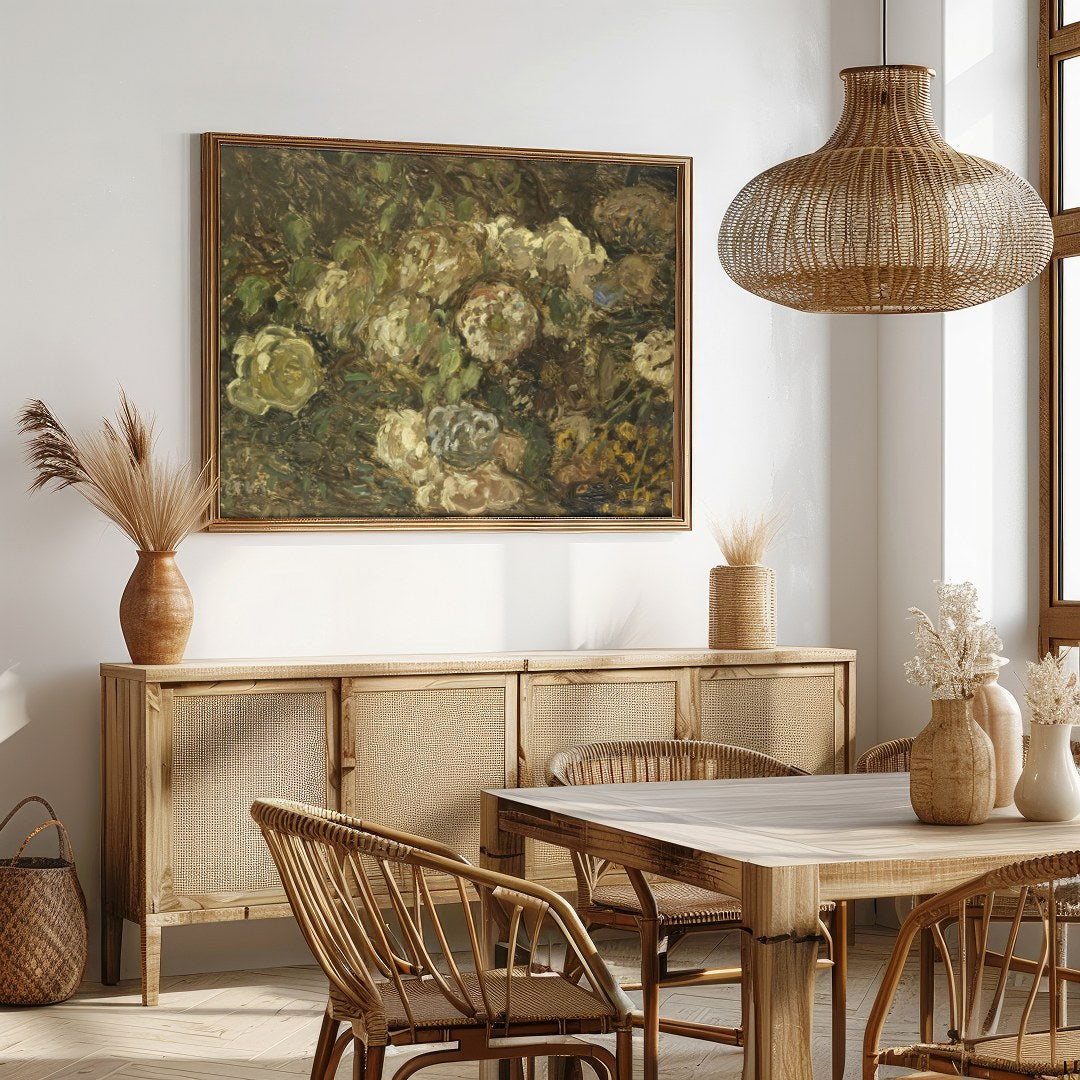 Immerse yourself in the serene beauty of 'Whispering Blooms in Earth Tones', a captivating fine art for Dining
