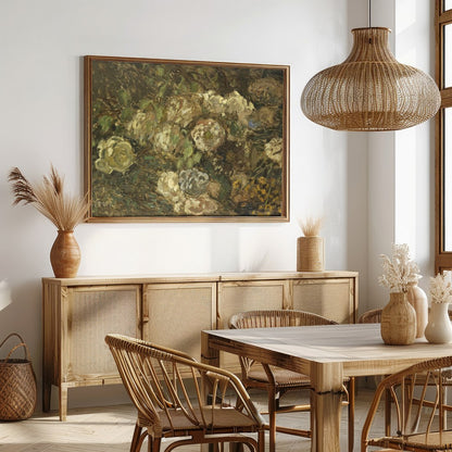 Immerse yourself in the serene beauty of 'Whispering Blooms in Earth Tones', a captivating fine art for Dining