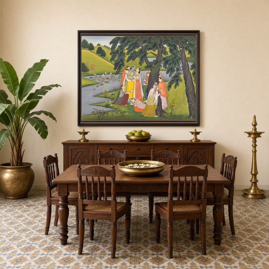 Immerse yourself in the captivating world of Pichwai art with this exquisite portrayal of Krishna for Dining