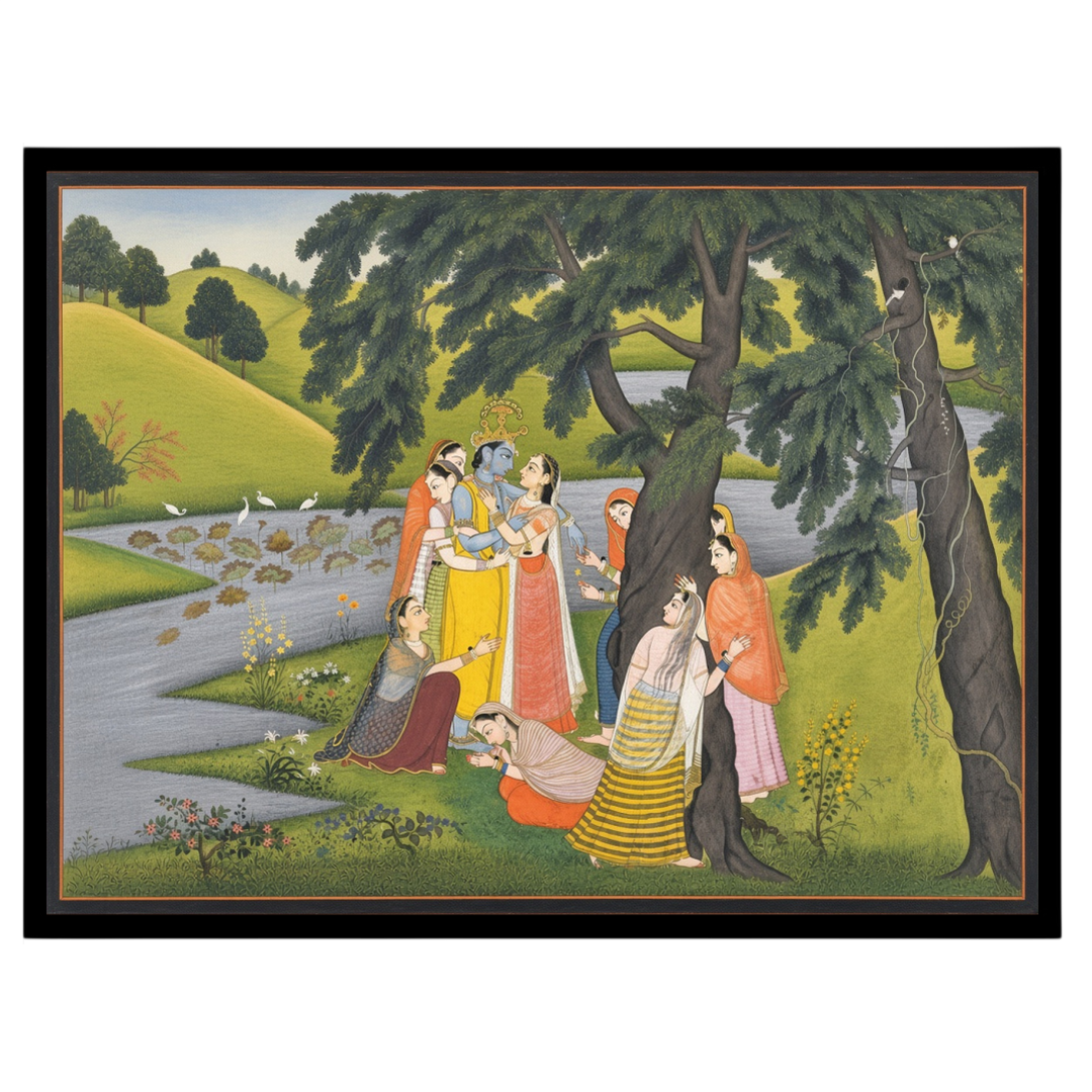 Immerse yourself in the captivating world of Pichwai art with this exquisite portrayal of Krishna for gallery