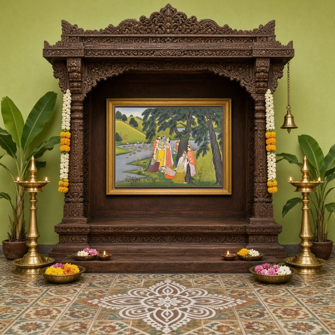 Immerse yourself in the captivating world of Pichwai art with this exquisite portrayal of Krishna for Home Temple
