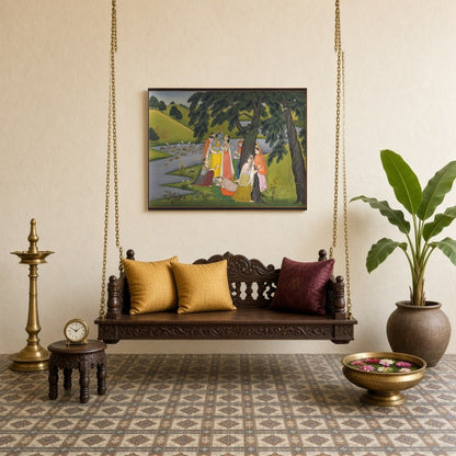 Immerse yourself in the captivating world of Pichwai art with this exquisite portrayal of Krishna for Sitting Lounge