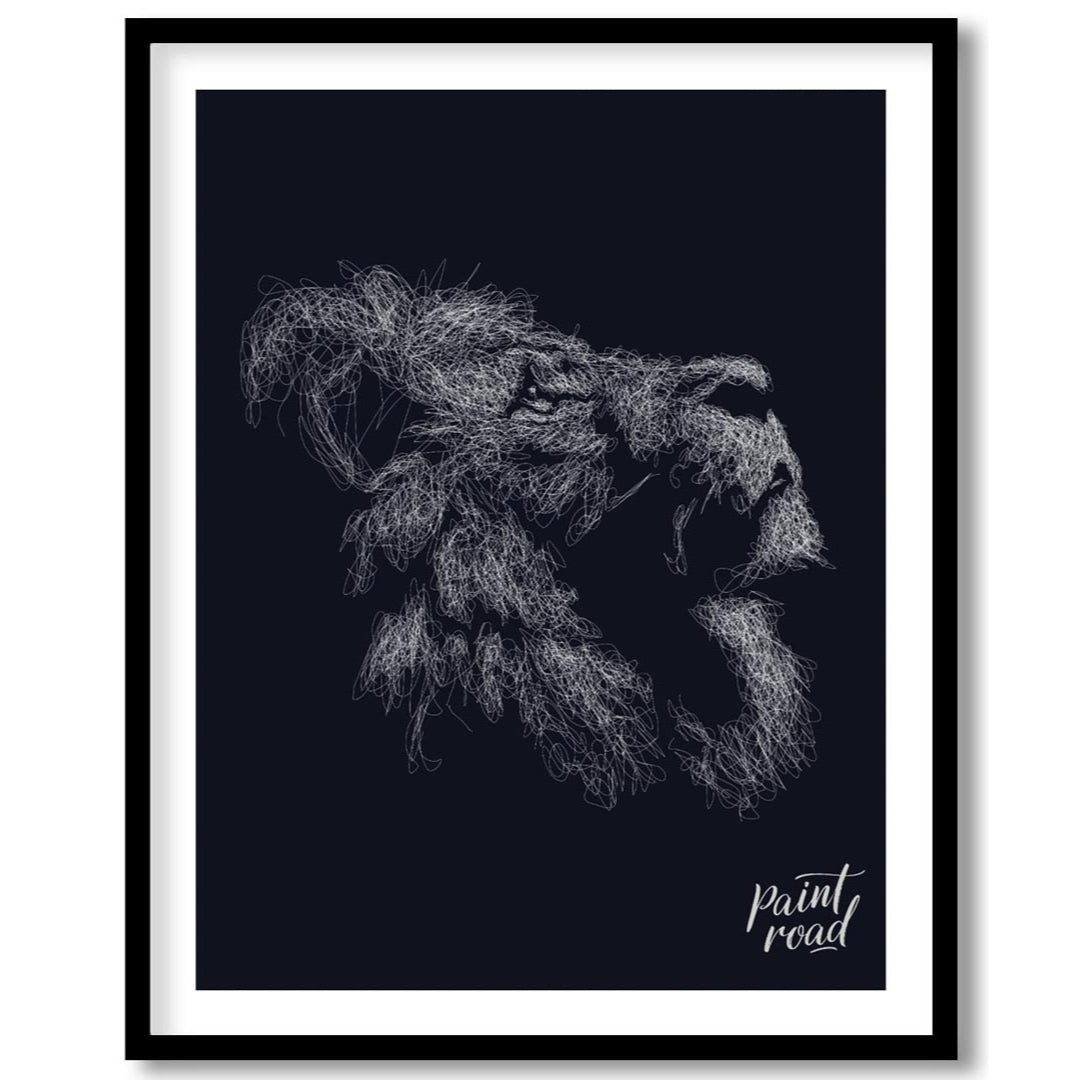 This evocative artwork features the profile of a lion's head, rendered entirely through a dense, in… for area