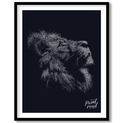 This evocative artwork features the profile of a lion's head, rendered entirely through a dense, in… for area