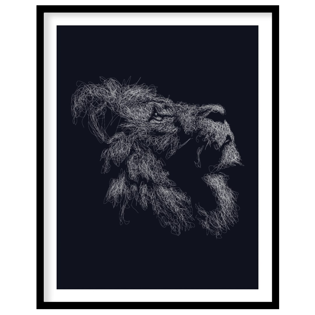 This evocative artwork features the profile of a lion's head, rendered entirely through a dense, in… for area