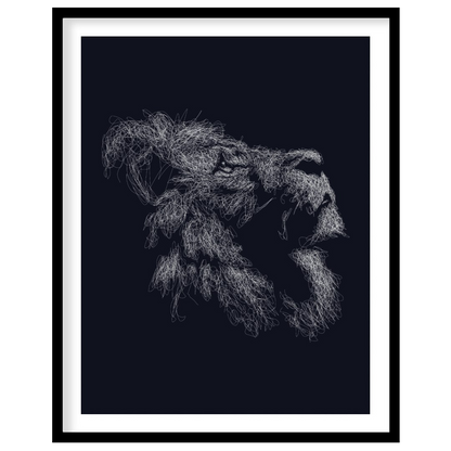 This evocative artwork features the profile of a lion's head, rendered entirely through a dense, in… for area