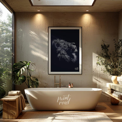This evocative artwork features the profile of a lion's head, rendered entirely through a dense, in… for bathroom