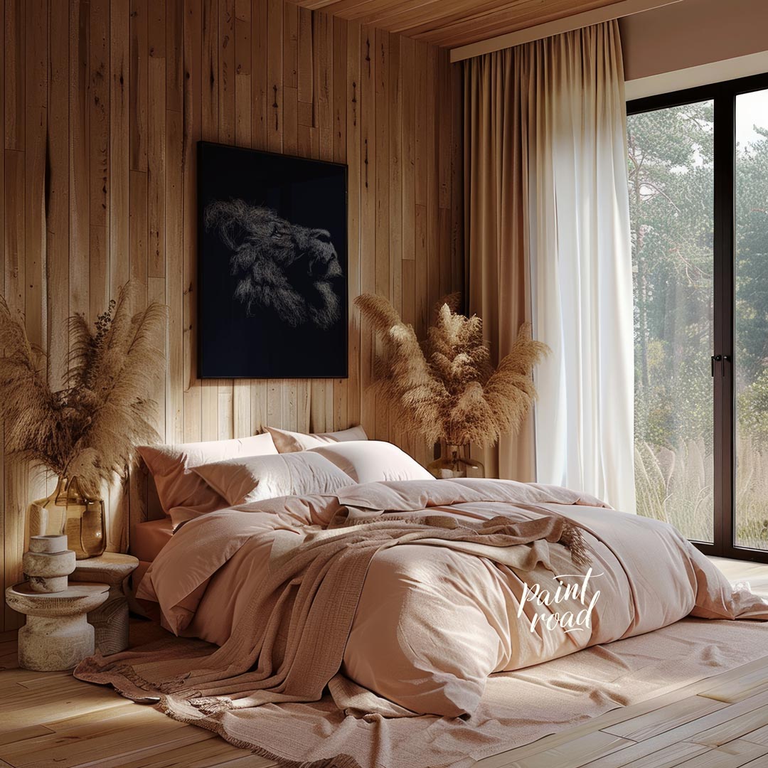 This evocative artwork features the profile of a lion's head, rendered entirely through a dense, in… for bedroom