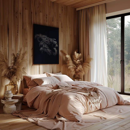 This evocative artwork features the profile of a lion's head, rendered entirely through a dense, in… for bedroom