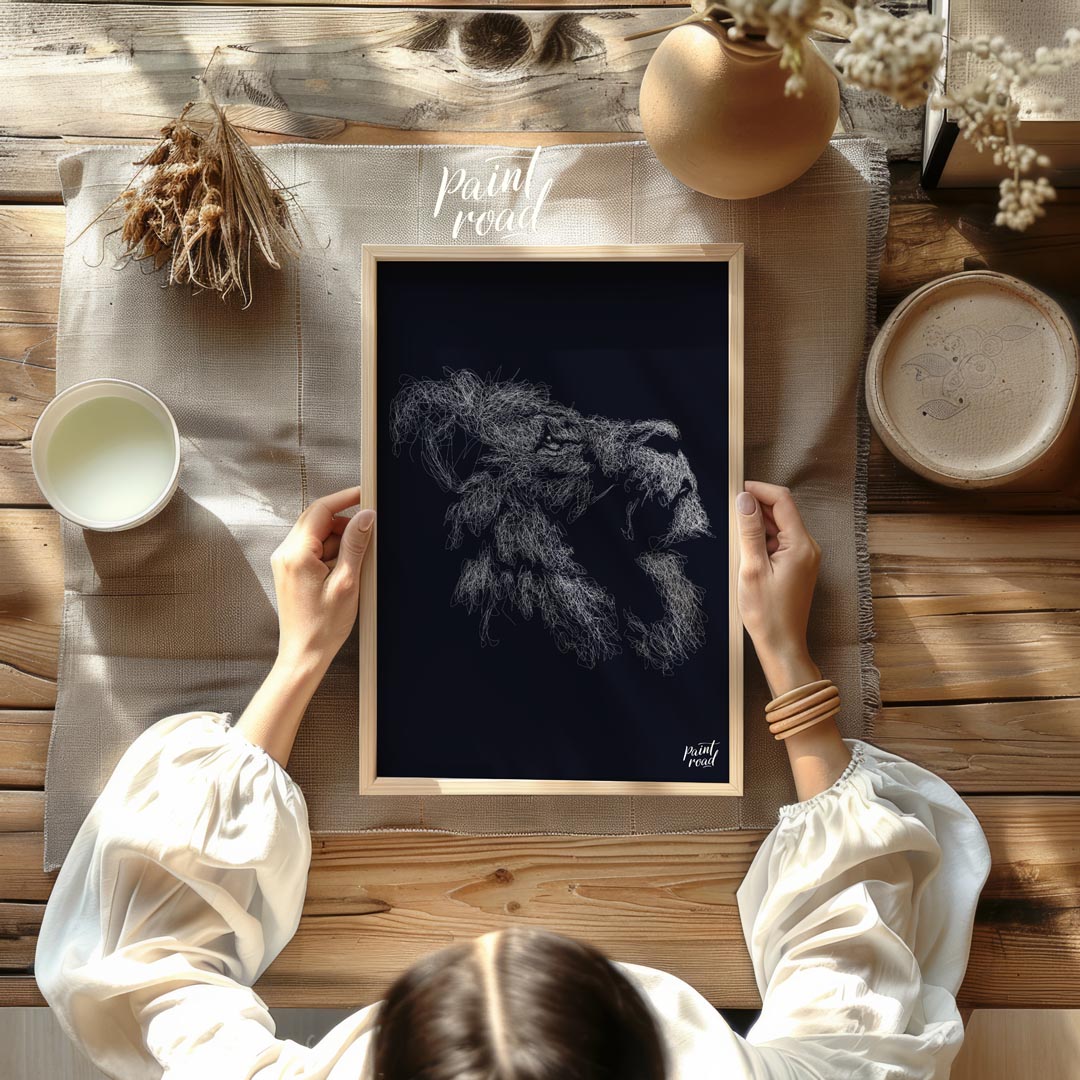 This evocative artwork features the profile of a lion's head, rendered entirely through a dense, in… for dining room