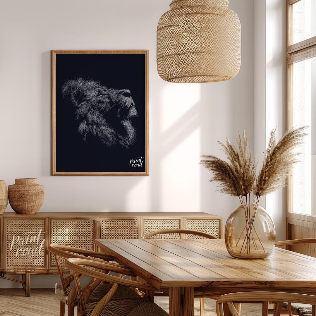 This evocative artwork features the profile of a lion's head, rendered entirely through a dense, in… for dining room