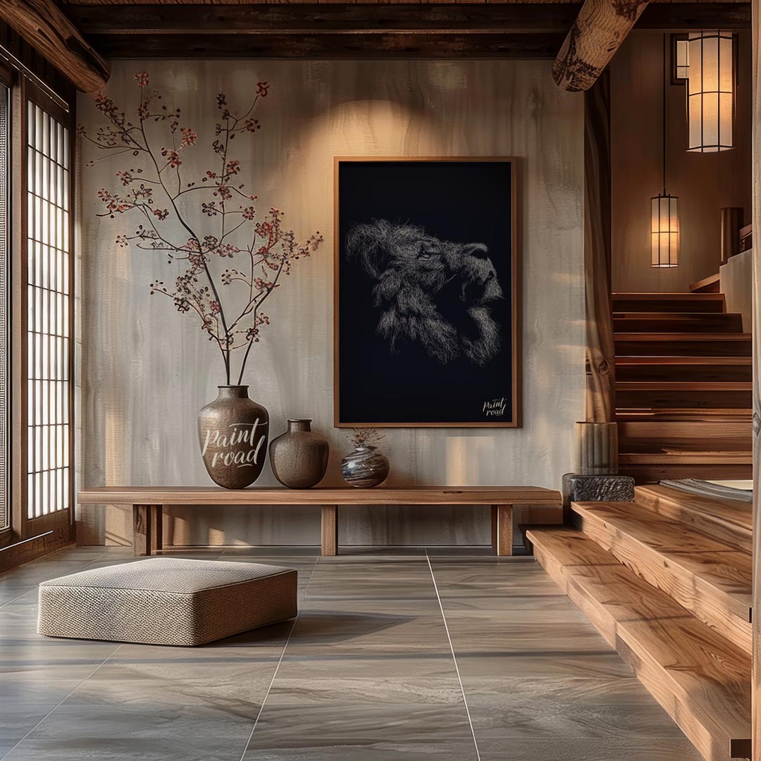This evocative artwork features the profile of a lion's head, rendered entirely through a dense, in… for entryway