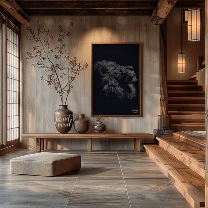 This evocative artwork features the profile of a lion's head, rendered entirely through a dense, in… for entryway