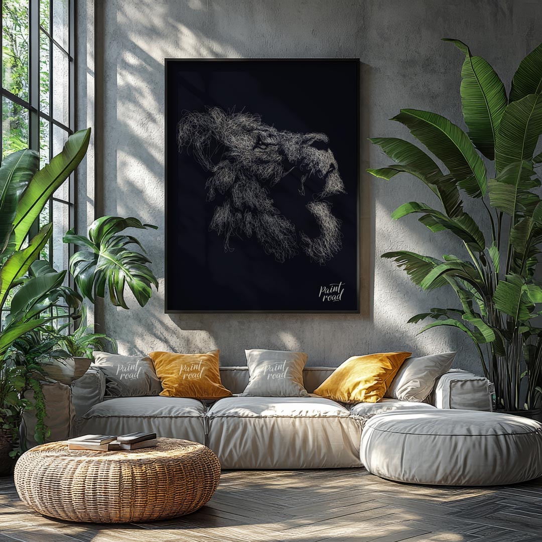 This evocative artwork features the profile of a lion's head, rendered entirely through a dense, in… for living room