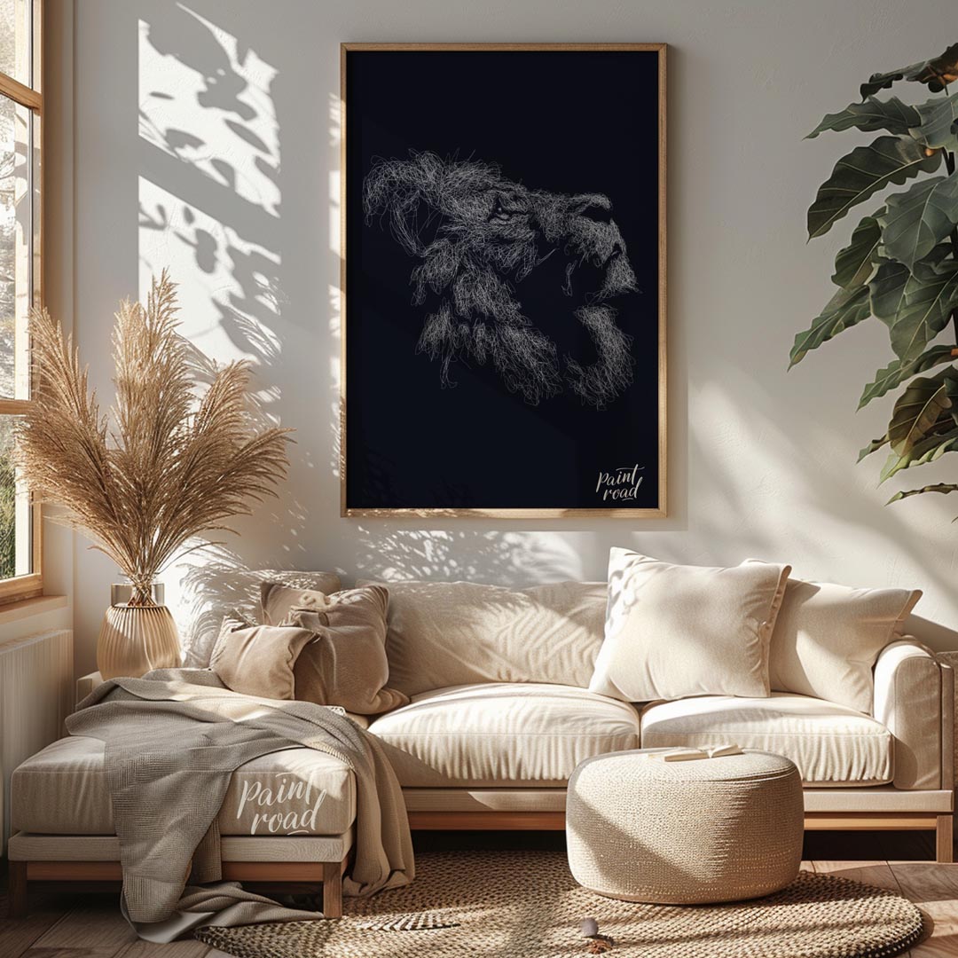 This evocative artwork features the profile of a lion's head, rendered entirely through a dense, in… for living room