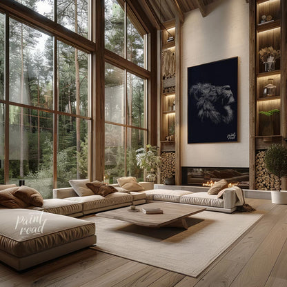 This evocative artwork features the profile of a lion's head, rendered entirely through a dense, in… for living room